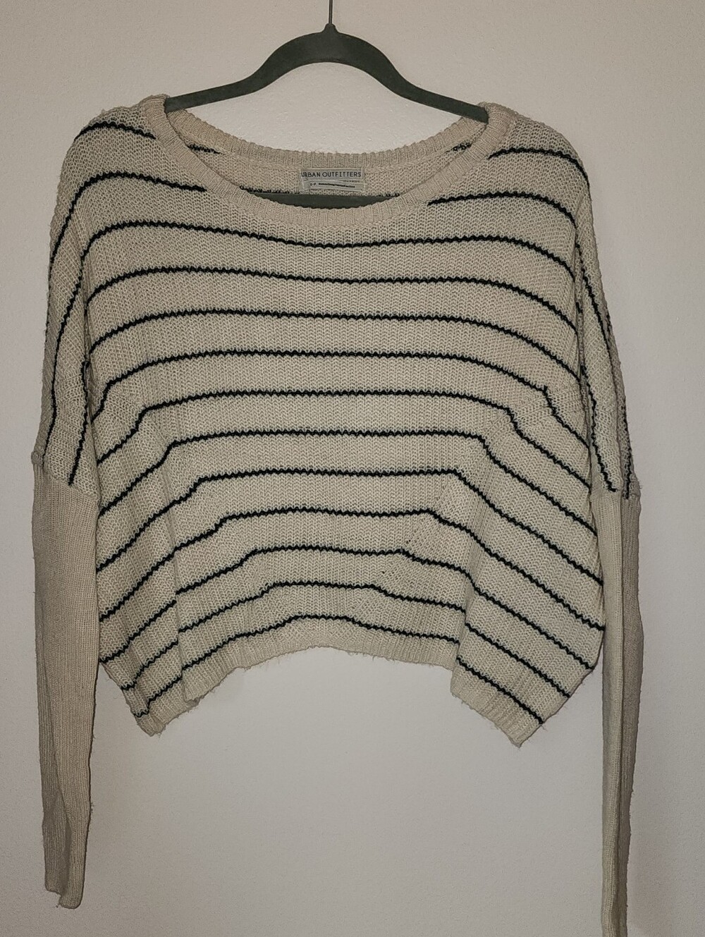 Urban Outfitters Cream and Black Striped Cropped Crew Sweater